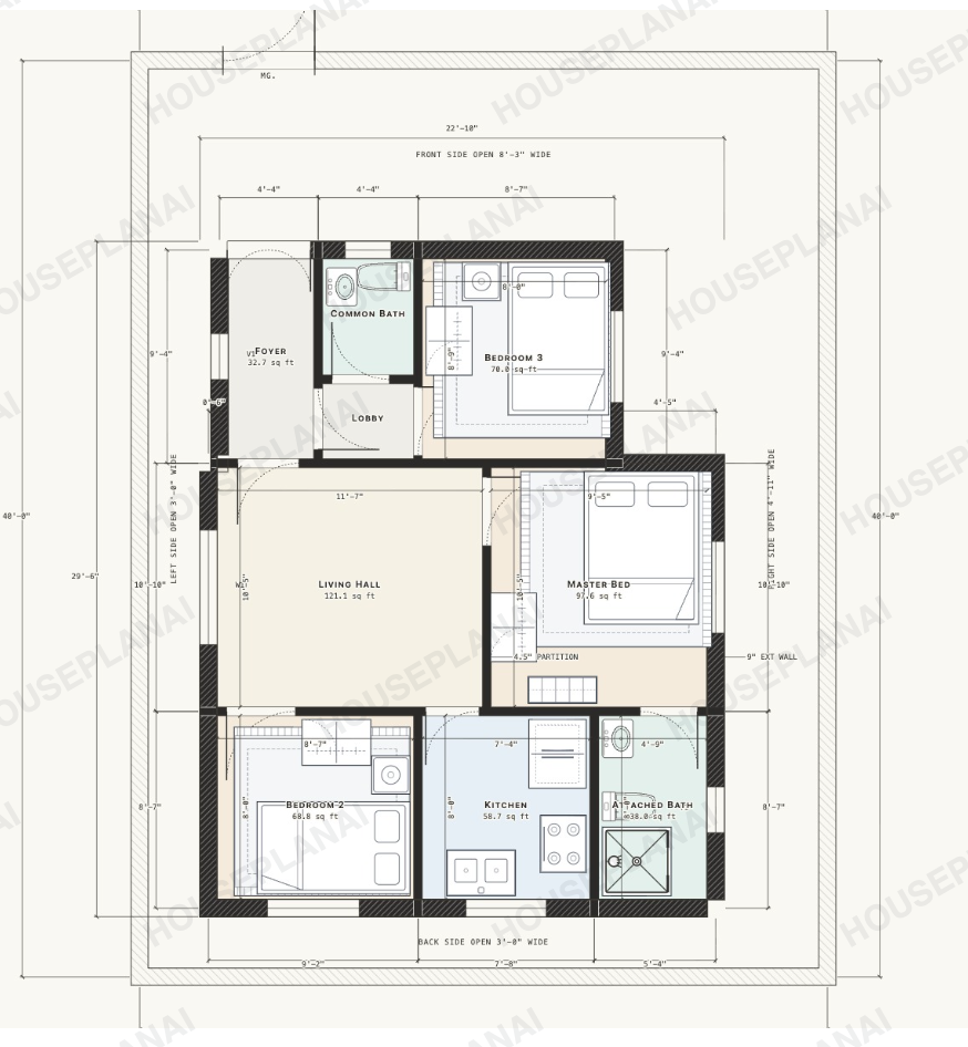 A3 floor plan sheet from HousePlanAI: a 3BHK ground floor with every wall dimensioned, room names, areas in square feet and the compound wall