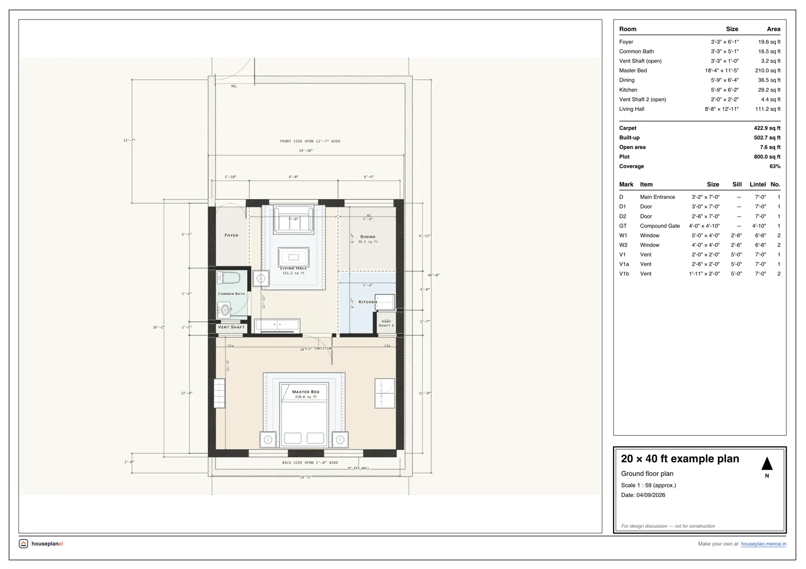 Example 20 × 40 ft house plan sheet drawn by HousePlanAI: rooms, doors, windows and dimensions