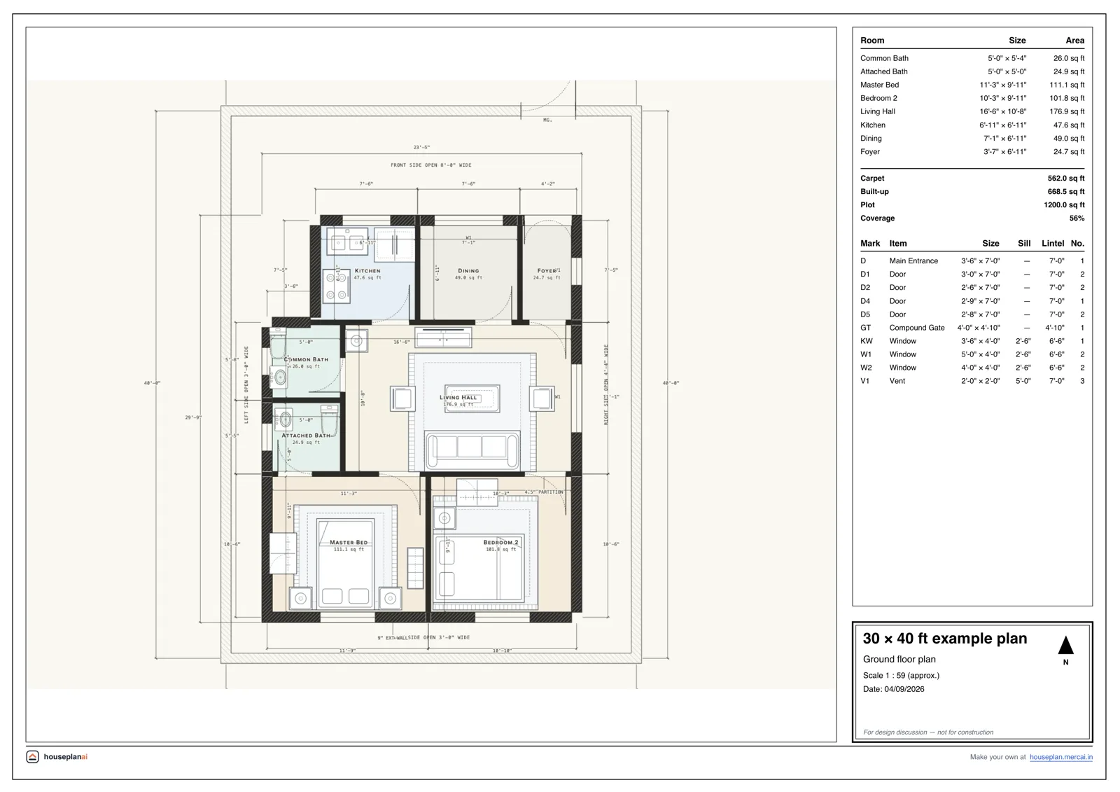 Example 30 × 40 ft house plan sheet drawn by HousePlanAI: rooms, doors, windows and dimensions