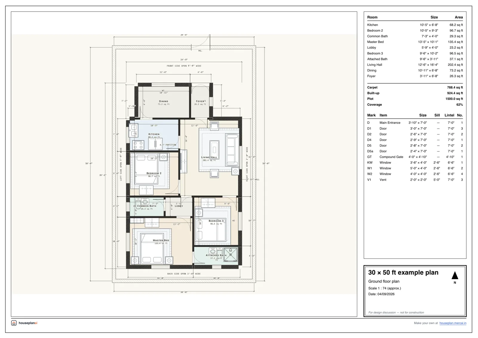 Example 30 × 50 ft house plan sheet drawn by HousePlanAI: rooms, doors, windows and dimensions