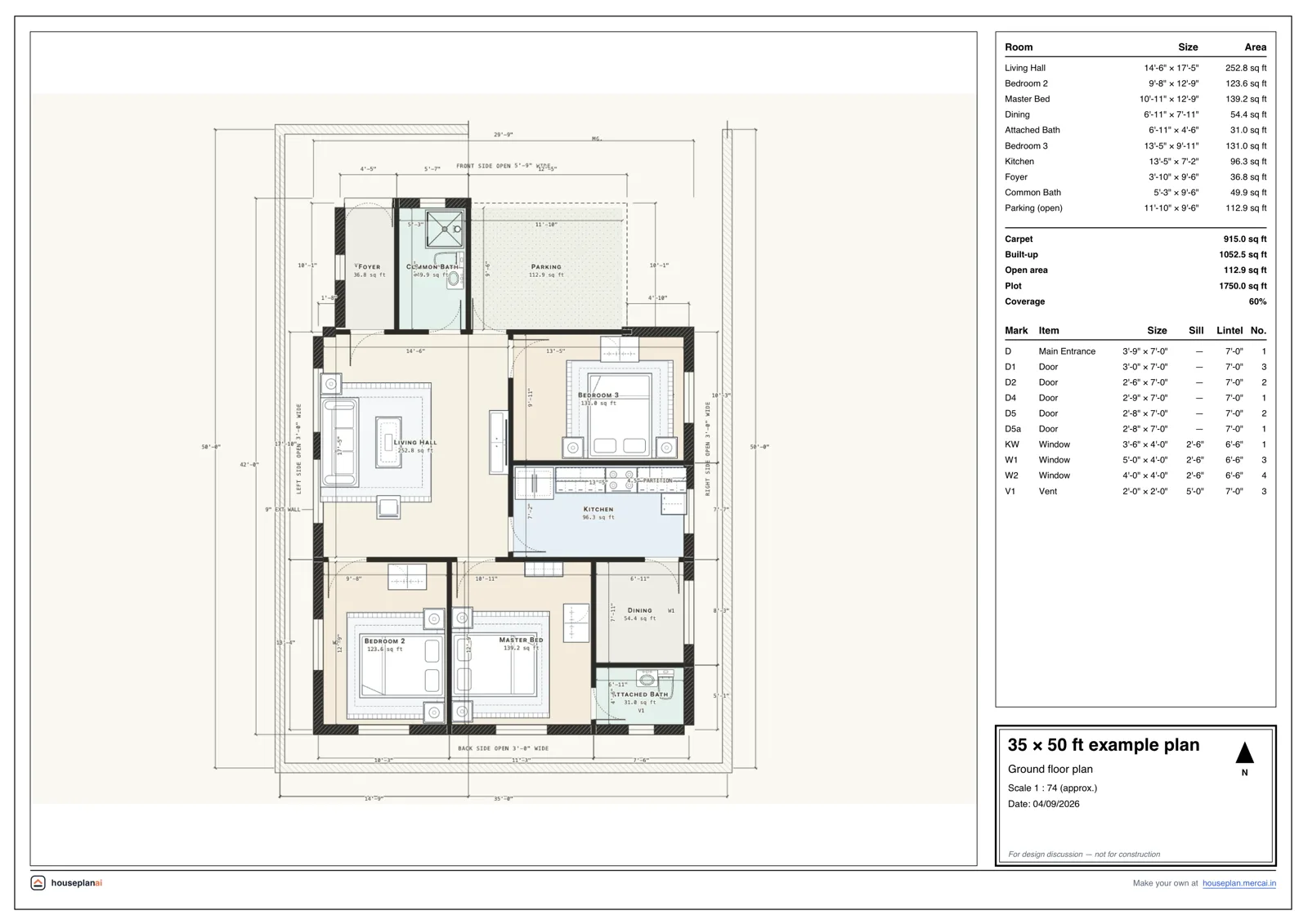 Example 35 × 50 ft house plan sheet drawn by HousePlanAI: rooms, doors, windows and dimensions