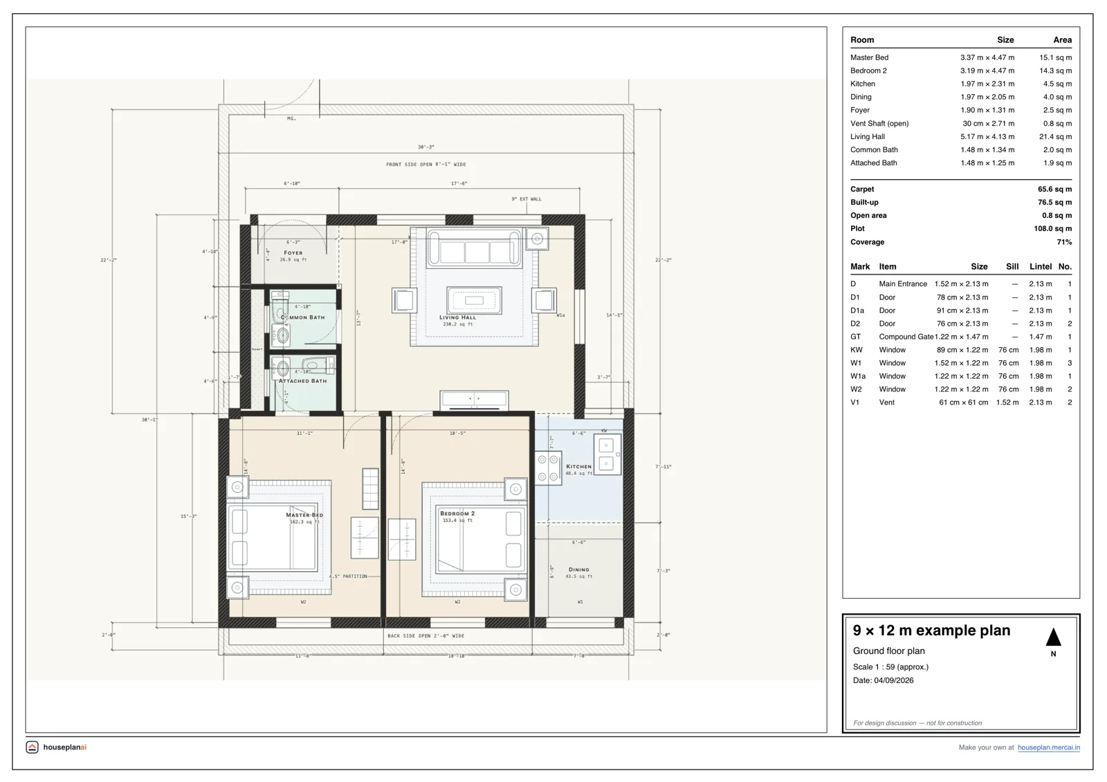 Example 9 × 12 m house plan sheet drawn by HousePlanAI: rooms, doors, windows and dimensions