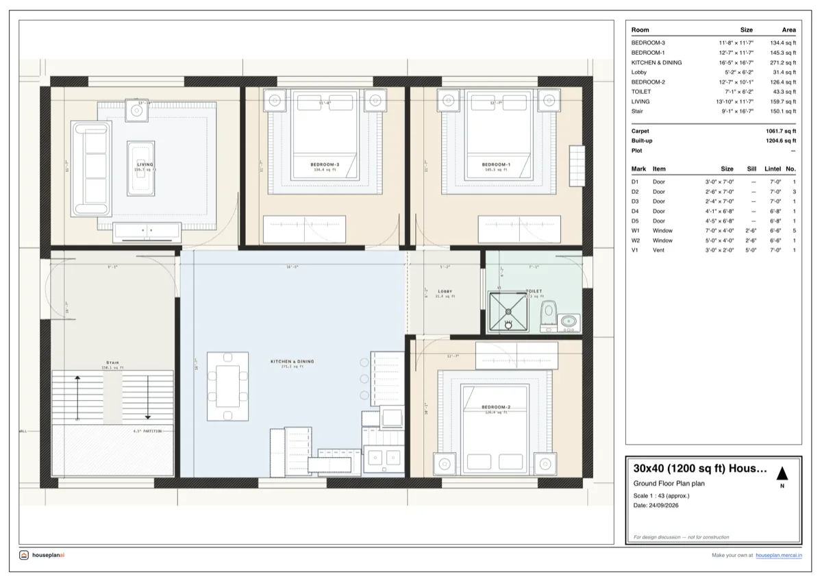 The same 3BHK plan as a finished A3 sheet: furnished rooms, dimensions, a room area schedule and a door and window schedule